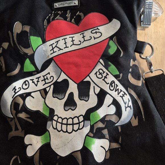 Vintage Ed Hardy Black Skull Tote/Messenger Bag - Picture 4 of 16